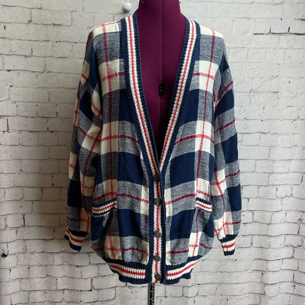 Vintage Pronto Moda red white and blue plaid cardigan deep v neck